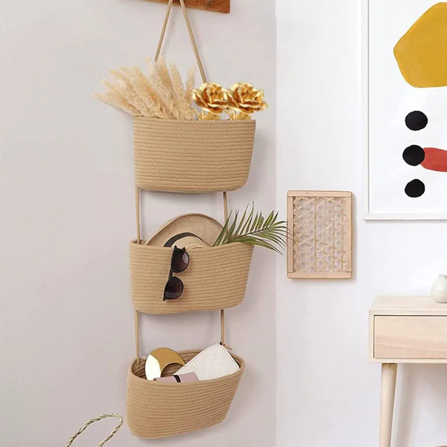TeoKJ 3-Tier Hanging Basket Woven Cotton Wall-Mounted Storage Organizer for Nursery and Home Organization