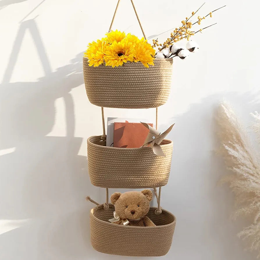 TeoKJ 3-Tier Hanging Basket Woven Cotton Wall-Mounted Storage Organizer for Nursery and Home Organization