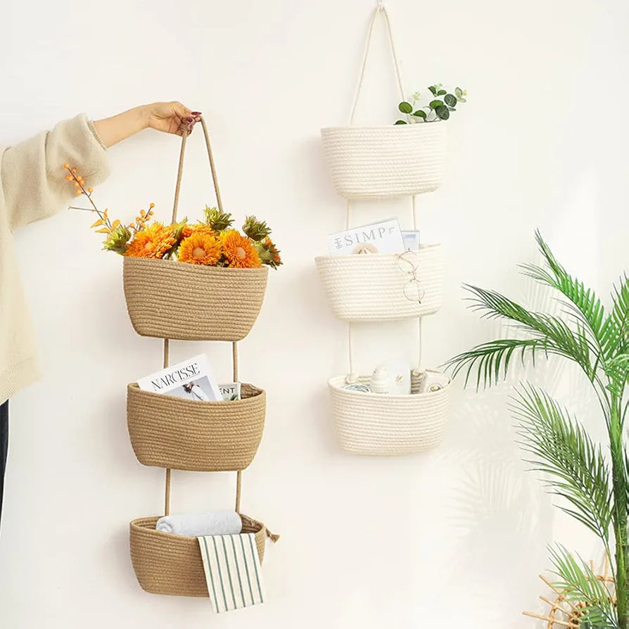 TeoKJ 3-Tier Hanging Basket Woven Cotton Wall-Mounted Storage Organizer for Nursery and Home Organization