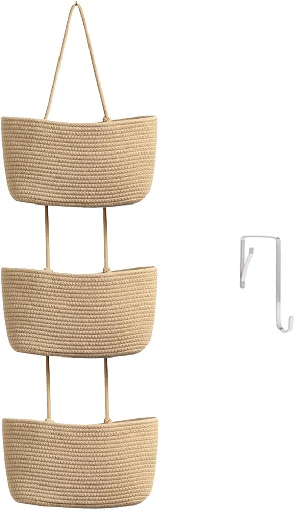 TeoKJ 3-Tier Hanging Basket Woven Cotton Wall-Mounted Storage Organizer for Nursery and Home Organization