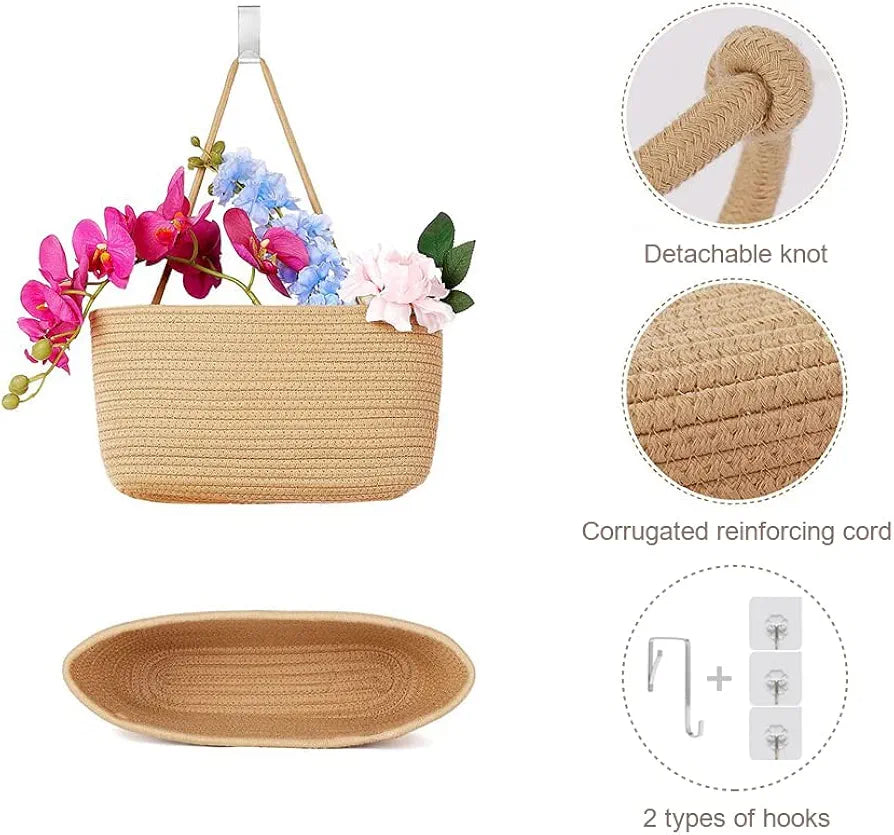 TeoKJ 3-Tier Hanging Basket Woven Cotton Wall-Mounted Storage Organizer for Nursery and Home Organization