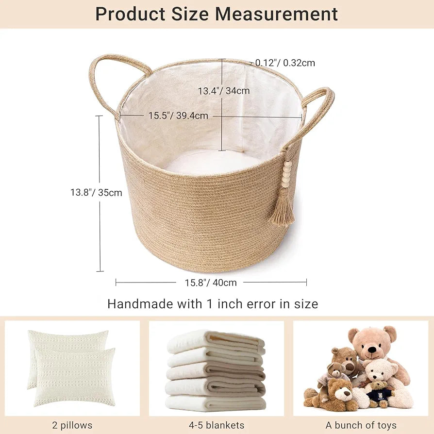 Mkono Woven Storage Basket Natural Rope with Wooden Beads for Blankets Toys and Clothes Organizer