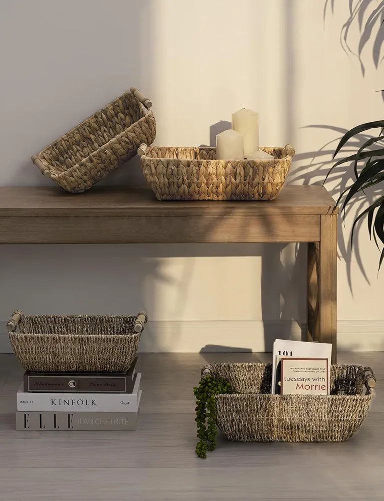 StorageWorks Wicker Storage Baskets Water Hyacinth Large Organizer with Wooden Handles for Home Organization 2-Pack