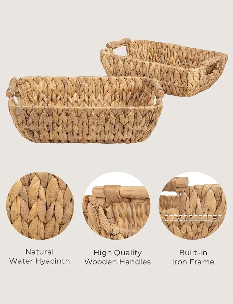StorageWorks Wicker Storage Baskets Water Hyacinth Large Organizer with Wooden Handles for Home Organization 2-Pack