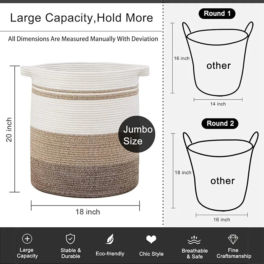 OIAHOMY Laundry Hamper 80L Woven Cotton Rope Basket with Handles for Clothes Toys Blankets Storage
