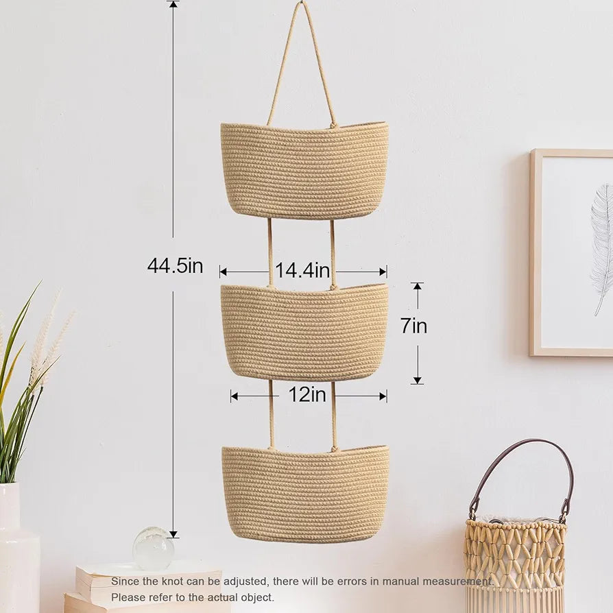TeoKJ 3-Tier Hanging Basket Woven Cotton Wall-Mounted Storage Organizer for Nursery and Home Organization