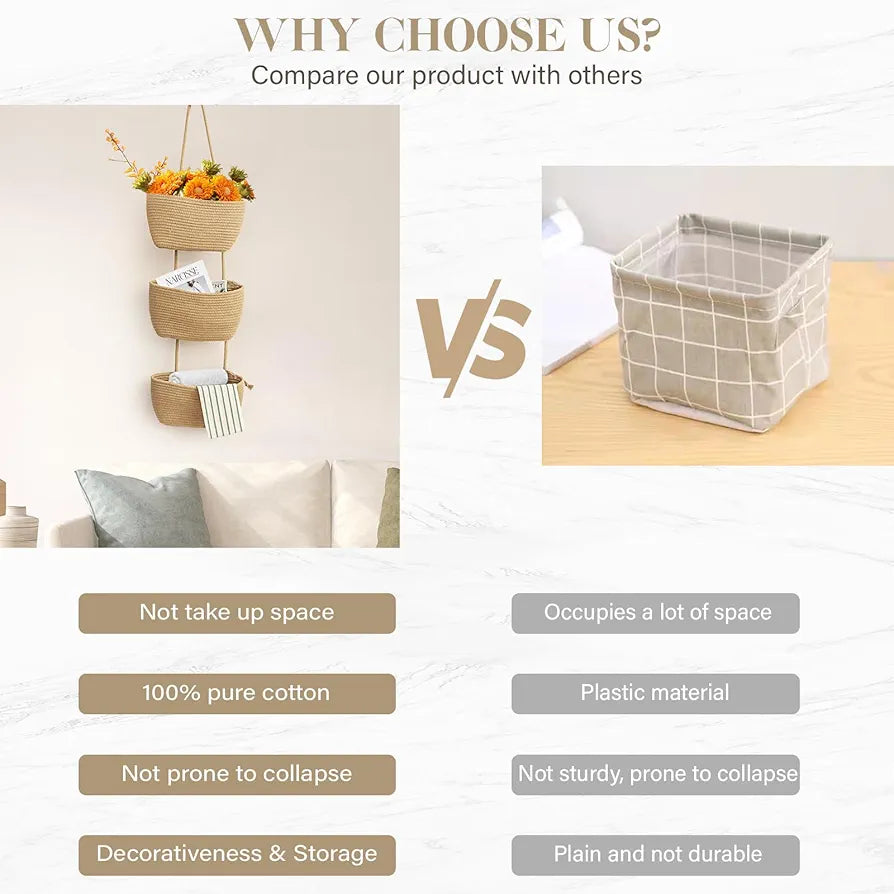 TeoKJ 3-Tier Hanging Basket Woven Cotton Wall-Mounted Storage Organizer for Nursery and Home Organization