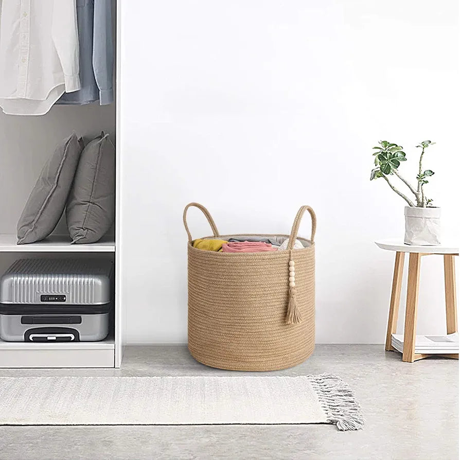 Mkono Woven Storage Basket Natural Rope with Wooden Beads for Blankets Toys and Clothes Organizer