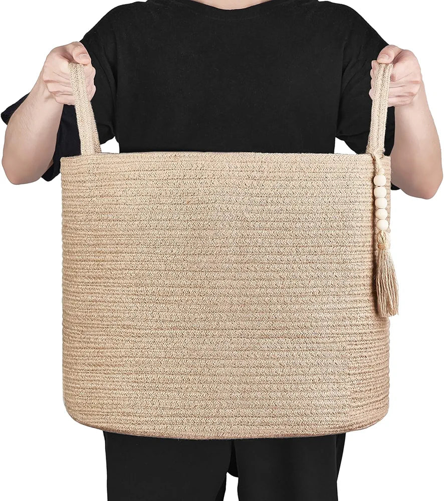 Mkono Woven Storage Basket Natural Rope with Wooden Beads for Blankets Toys and Clothes Organizer