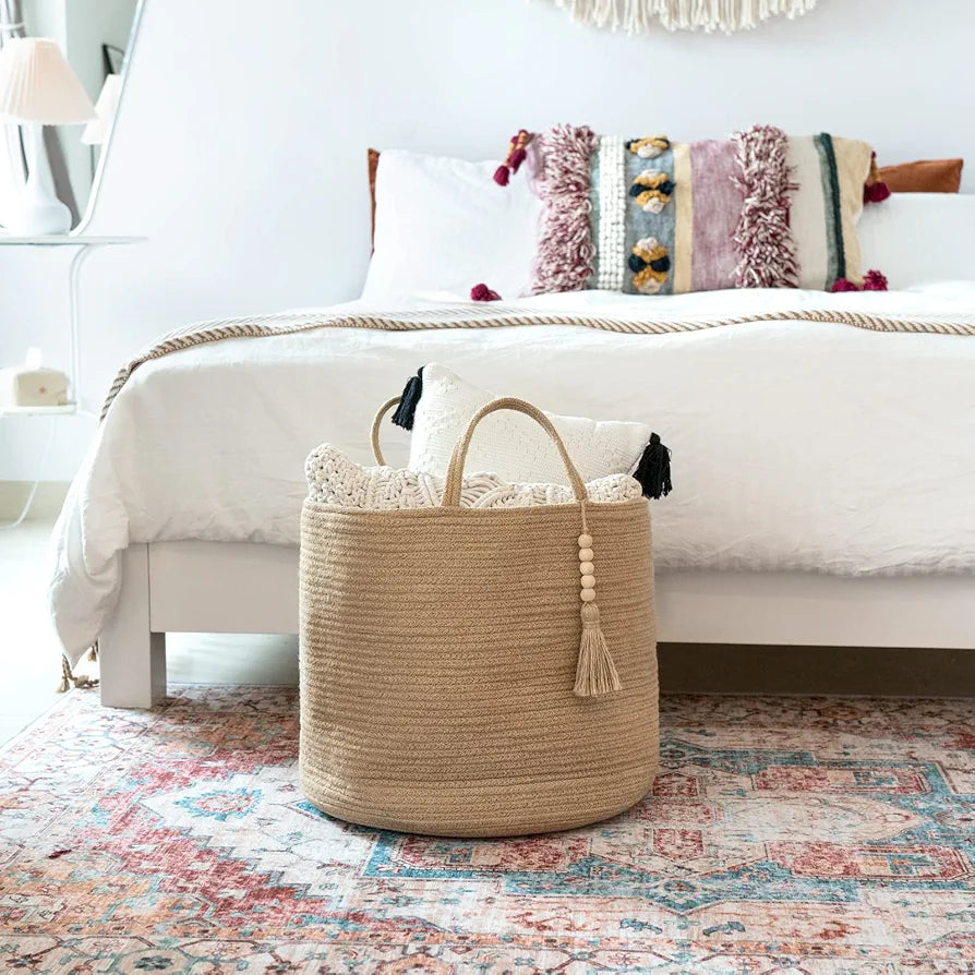 Mkono Woven Storage Basket Natural Rope with Wooden Beads for Blankets Toys and Clothes Organizer