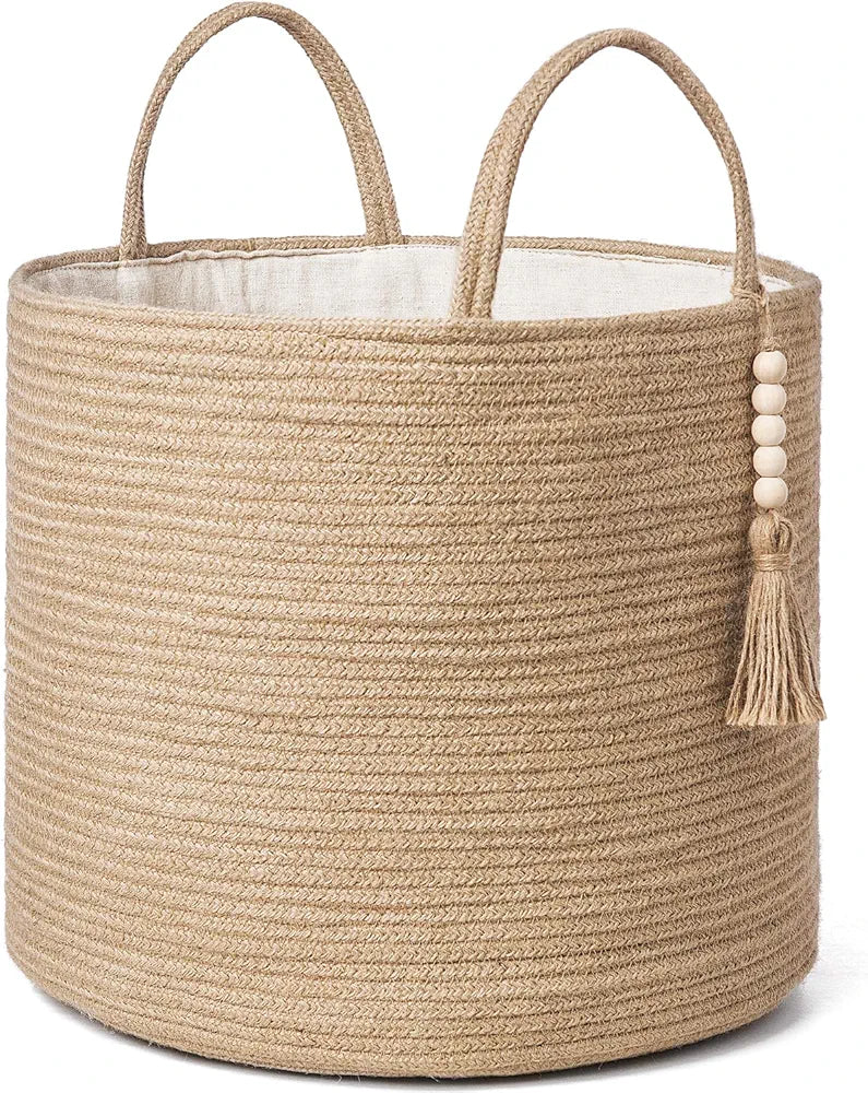 Mkono Woven Storage Basket Natural Rope with Wooden Beads for Blankets Toys and Clothes Organizer