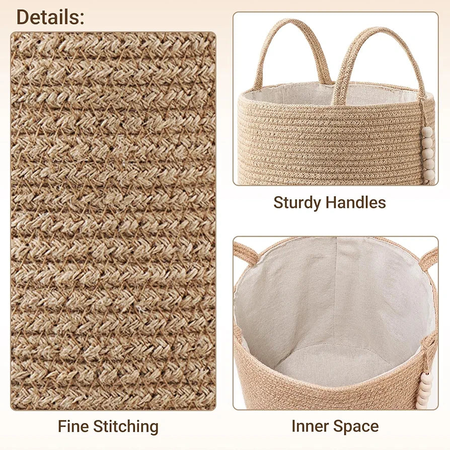 Mkono Woven Storage Basket Natural Rope with Wooden Beads for Blankets Toys and Clothes Organizer