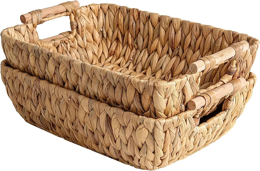 StorageWorks Wicker Storage Baskets Water Hyacinth Large Organizer with Wooden Handles for Home Organization 2-Pack