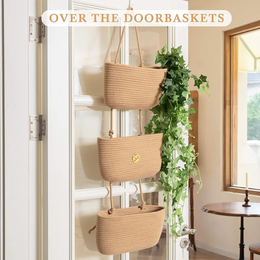 TeoKJ 3-Tier Hanging Basket Woven Cotton Wall-Mounted Storage Organizer for Nursery and Home Organization