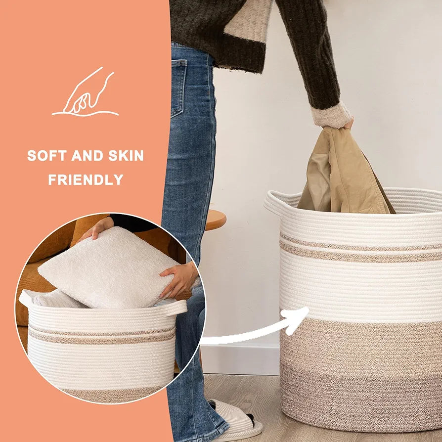 OIAHOMY Laundry Hamper 80L Woven Cotton Rope Basket with Handles for Clothes Toys Blankets Storage