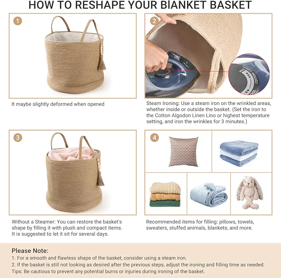 Mkono Woven Storage Basket Natural Rope with Wooden Beads for Blankets Toys and Clothes Organizer